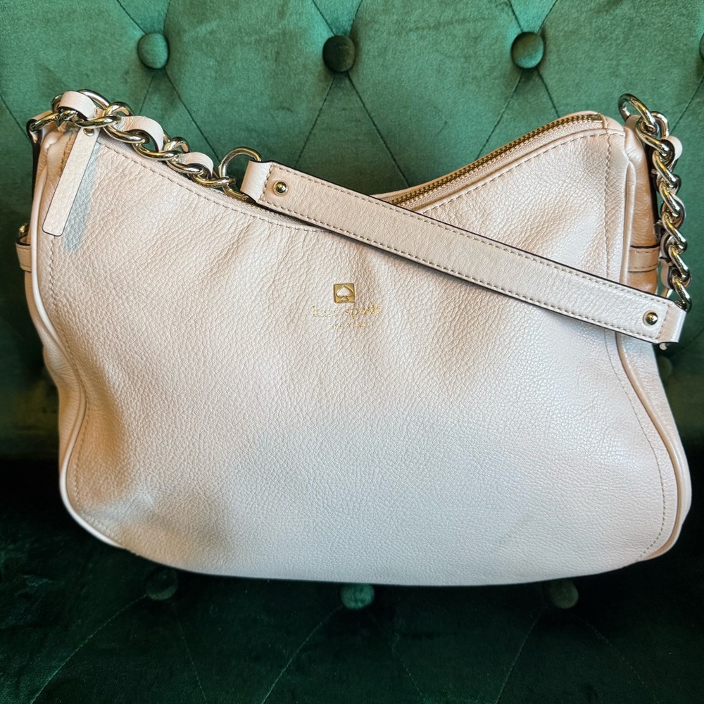 Kate Spade Pebbled Leather Shoulder Bag Cream Ivory Gold Chain Strap Hobo Purse